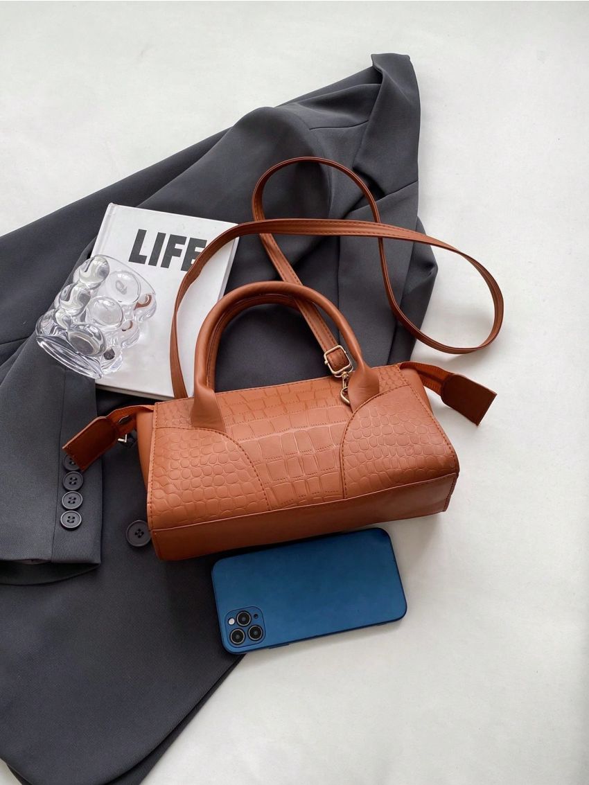 Crocodile Embossed Square Bag Brown Fashionable Double Handle