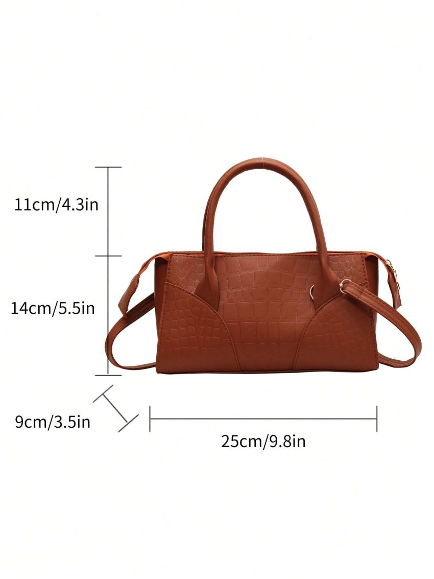 Crocodile Embossed Square Bag Brown Fashionable Double Handle