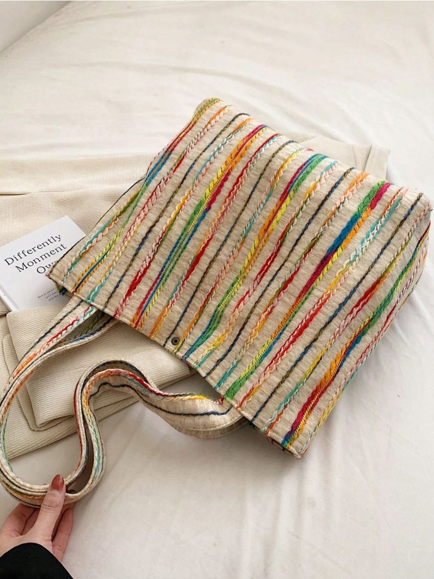 Striped Pattern Shopper Bag Patch Detail Casual Large Capacity
