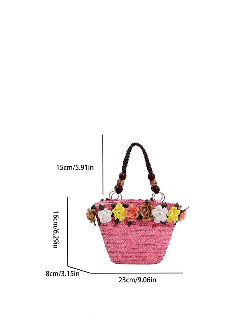 Mini Straw Bag Vacation Flower & Bead Decor Double Handle
