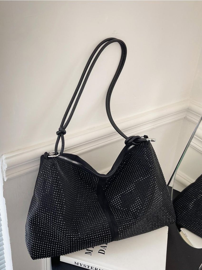 Oversized Studded Decor Hobo Bag Adjustable Strap