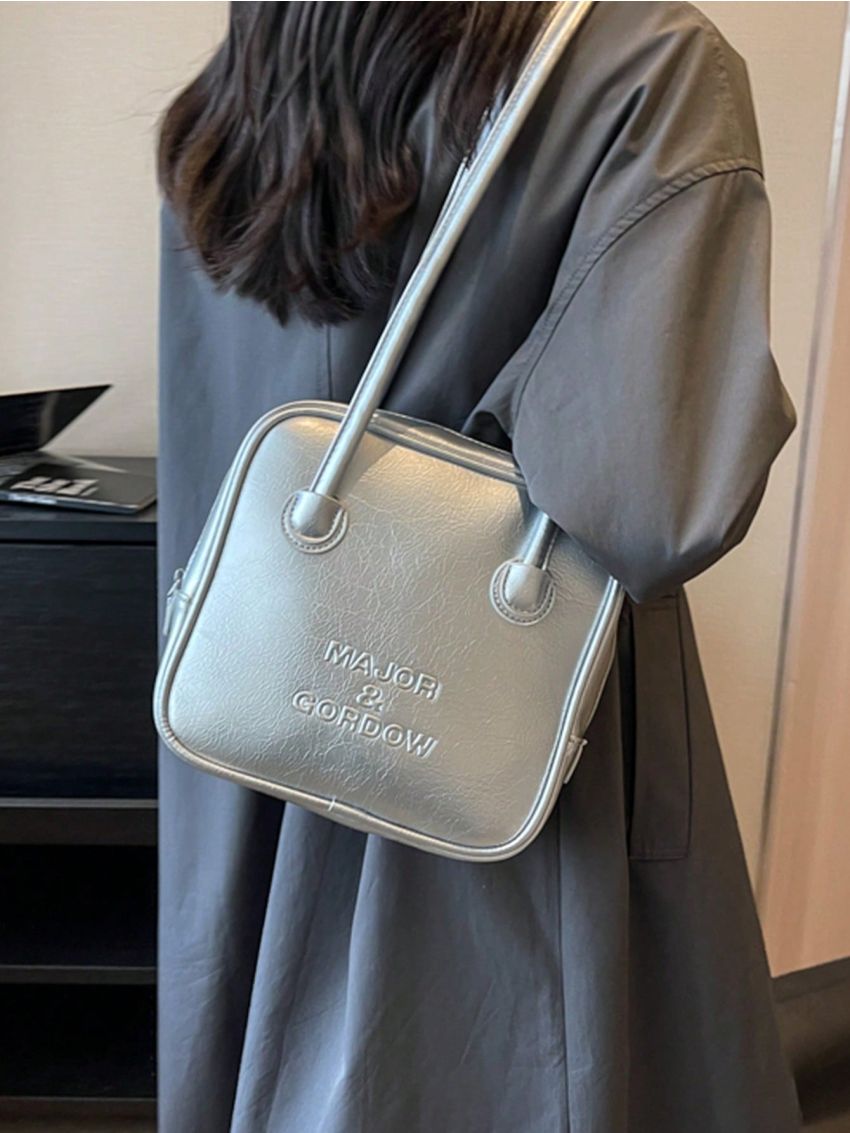 Small Square Bag Funky Metallic Zipper Letter Embossed