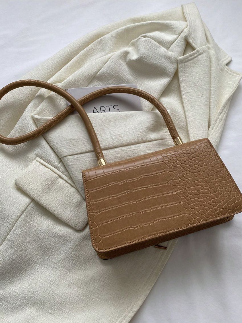 Small Square Bag Crocodile Embossed Flap PU Elegant