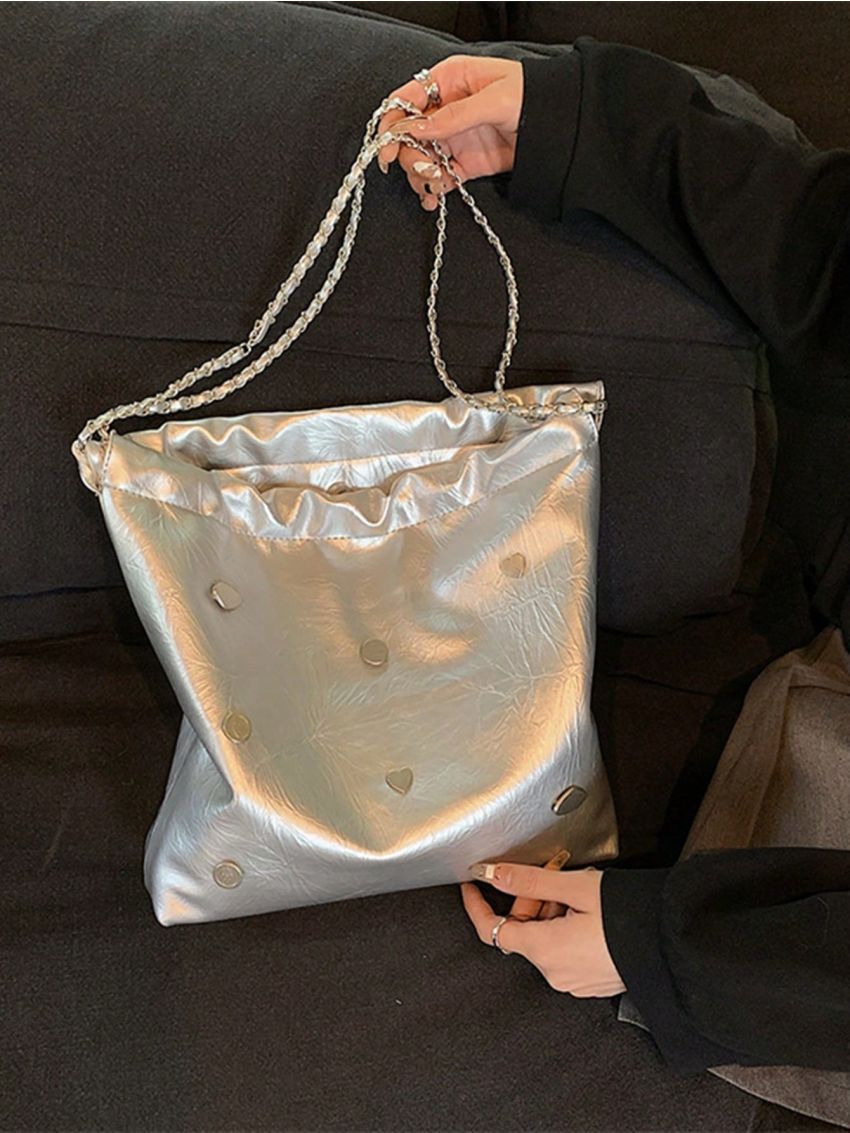 Heart & Round Decor Shoulder Tote Bag Metallic PU Funky