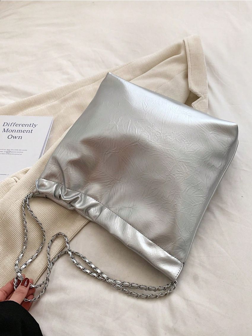 Heart & Round Decor Shoulder Tote Bag Metallic PU Funky