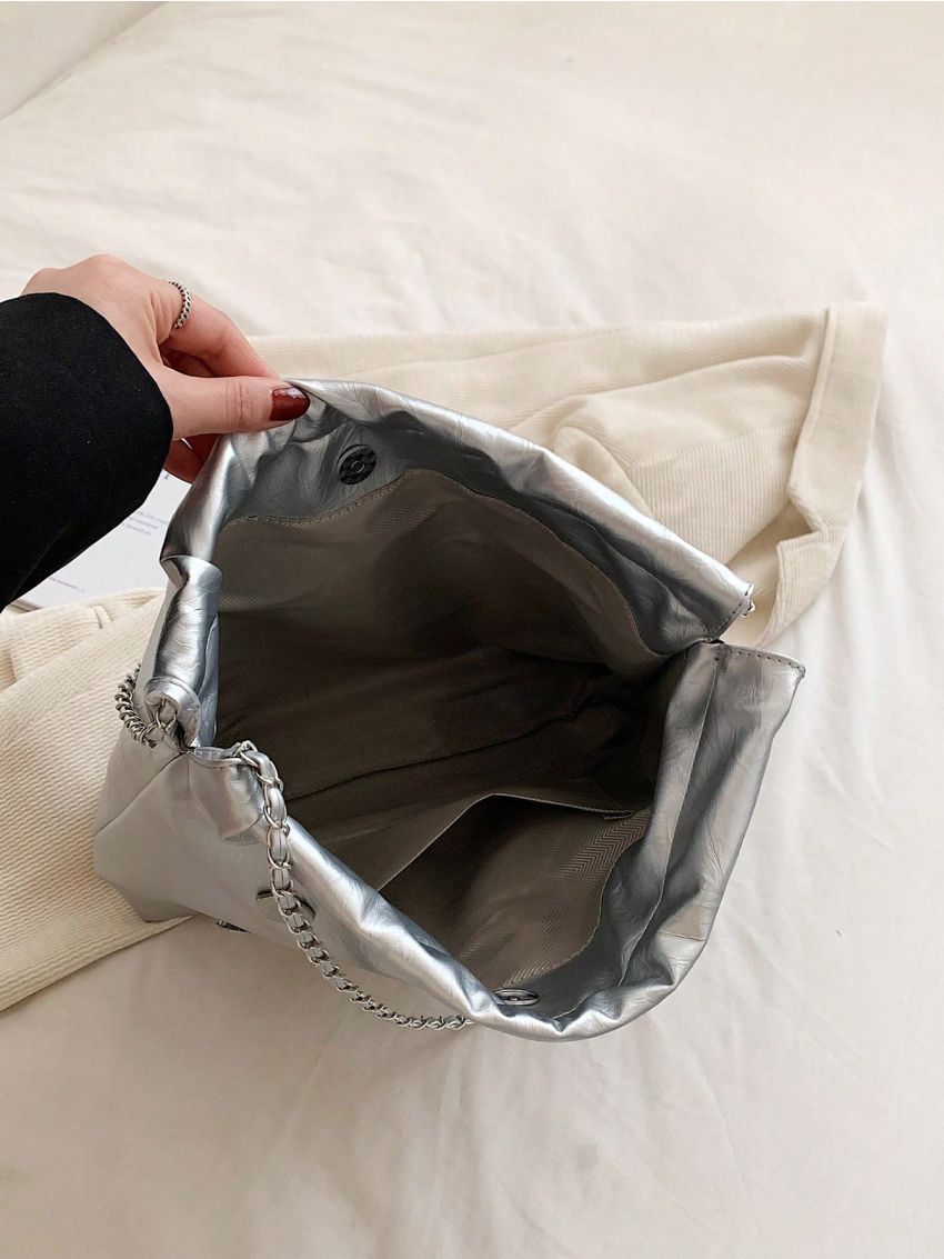 Heart & Round Decor Shoulder Tote Bag Metallic PU Funky