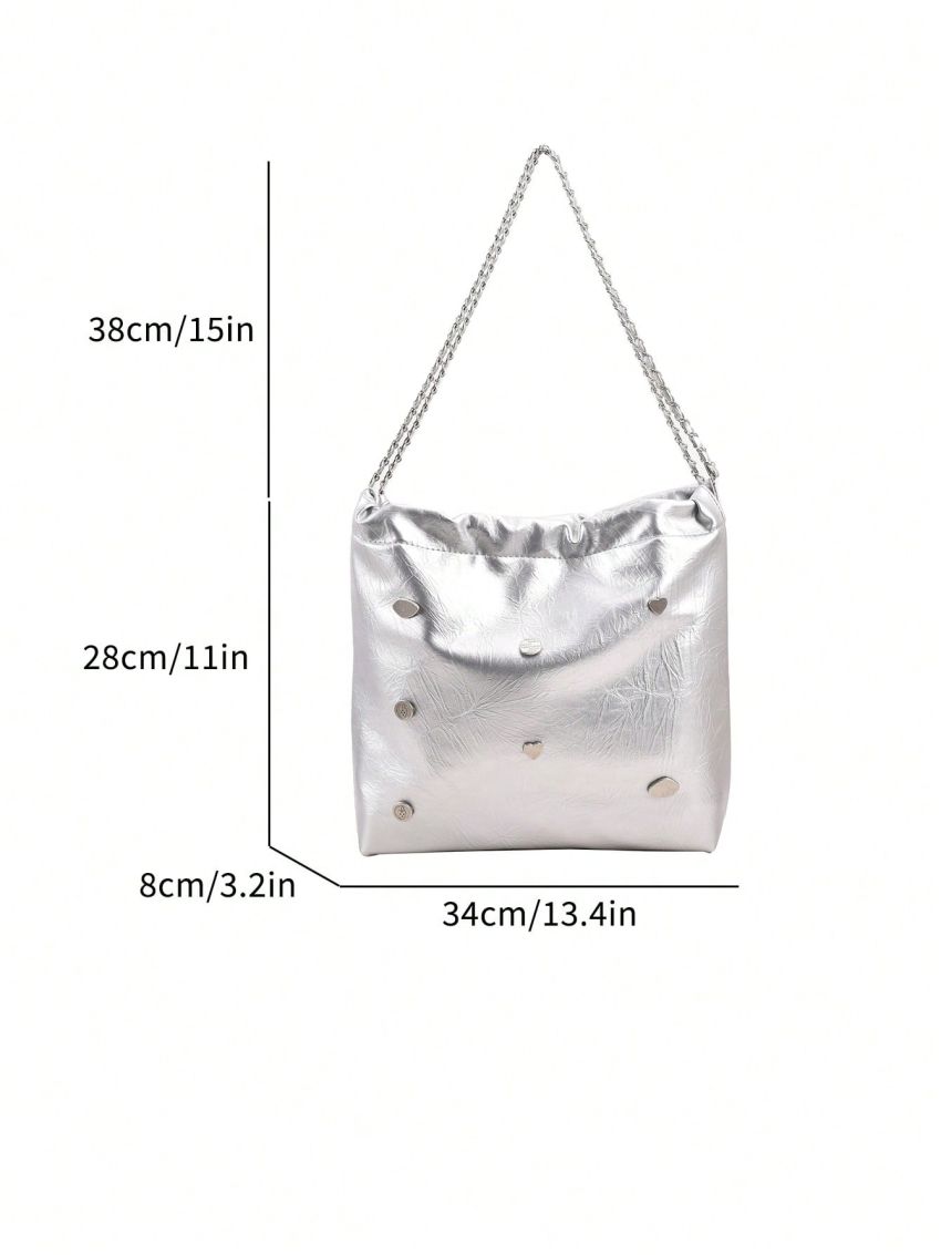 Heart & Round Decor Shoulder Tote Bag Metallic PU Funky