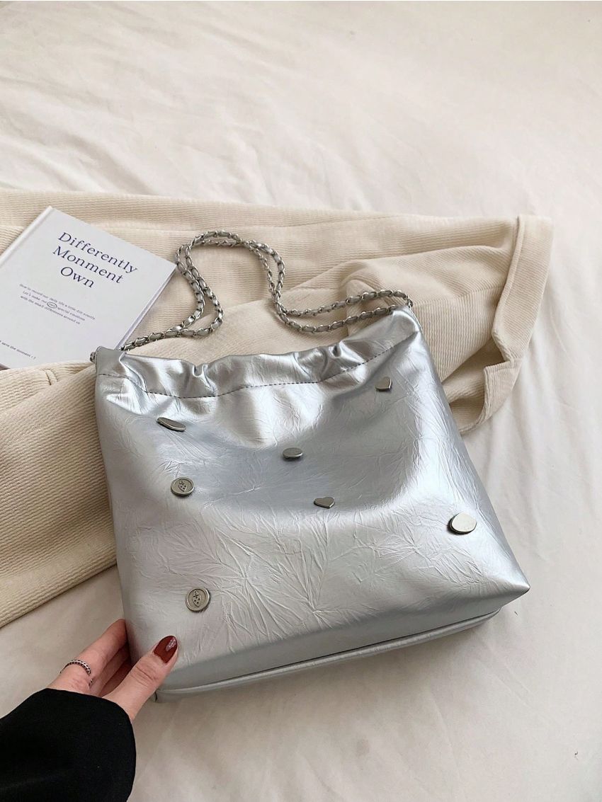 Heart & Round Decor Shoulder Tote Bag Metallic PU Funky