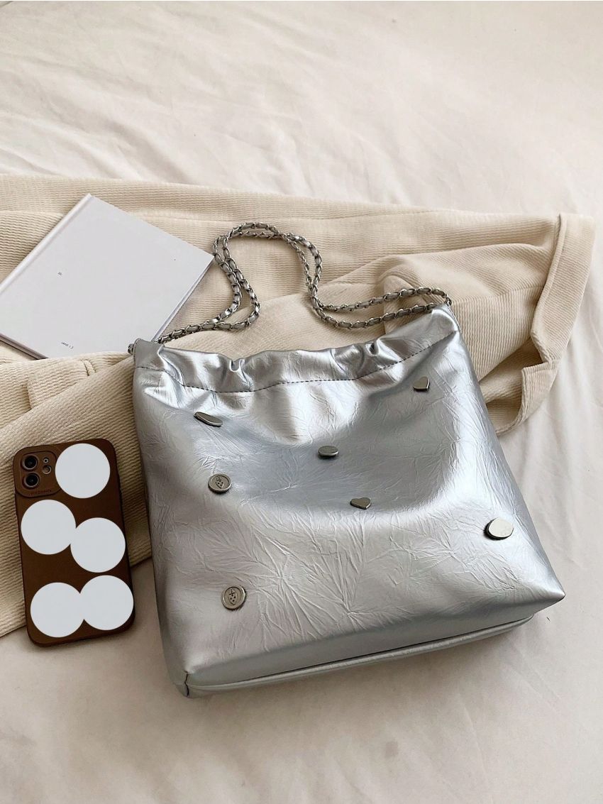 Heart & Round Decor Shoulder Tote Bag Metallic PU Funky