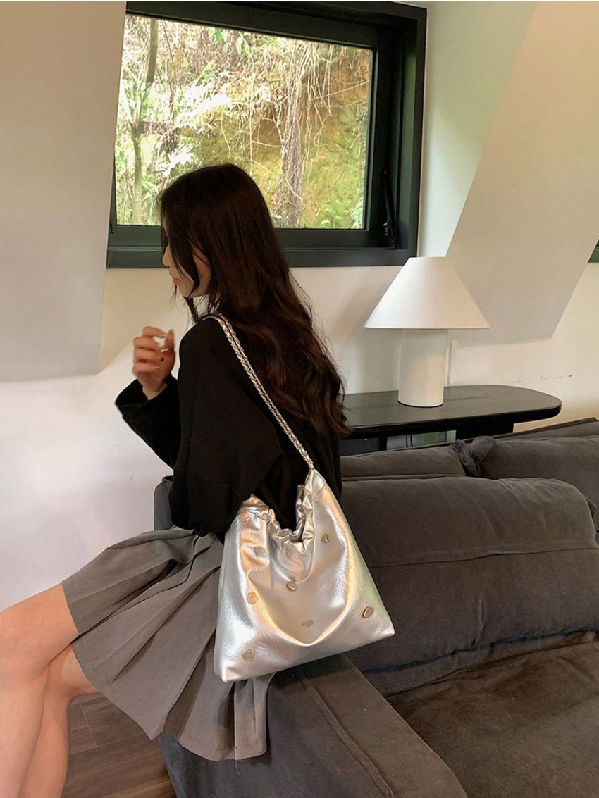 Heart & Round Decor Shoulder Tote Bag Metallic PU Funky