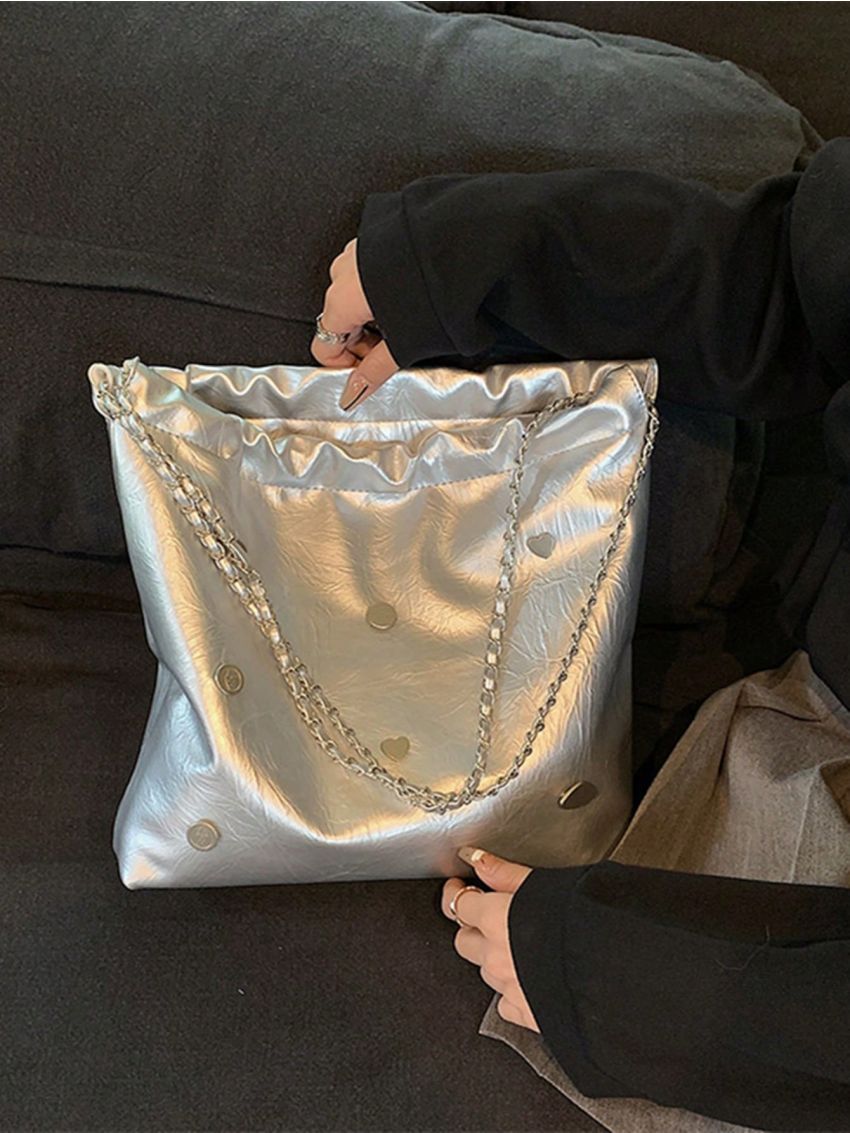 Heart & Round Decor Shoulder Tote Bag Metallic PU Funky