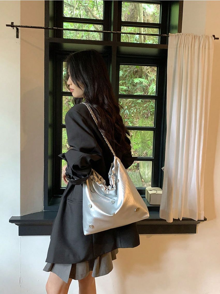 Heart & Round Decor Shoulder Tote Bag Metallic PU Funky