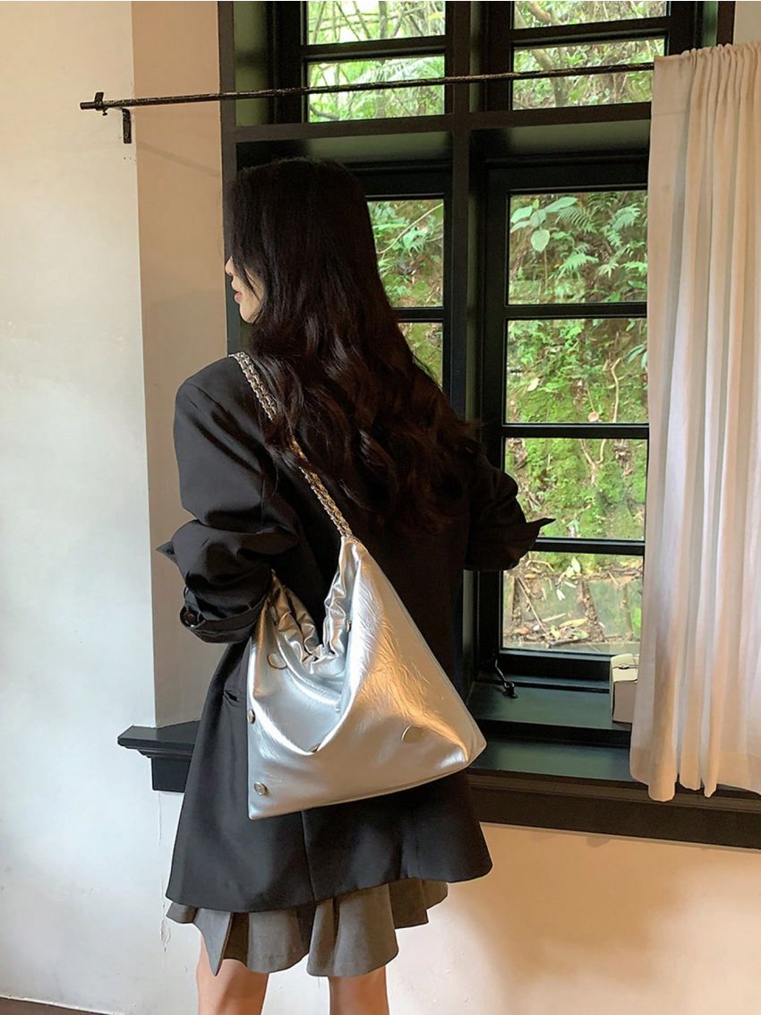 Heart & Round Decor Shoulder Tote Bag Metallic PU Funky