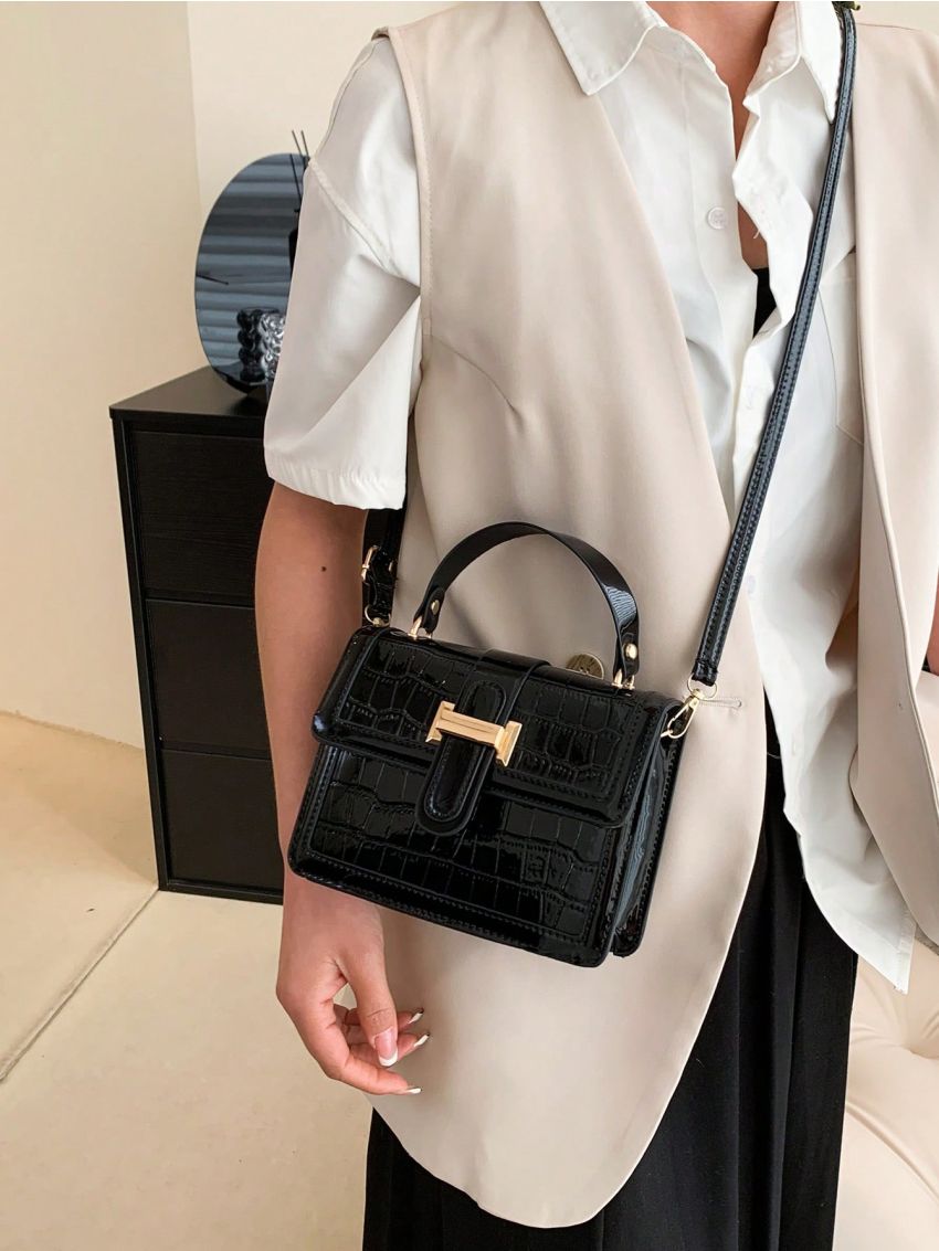 Mini Crocodile Embossed Flap Square Bag Top Handle