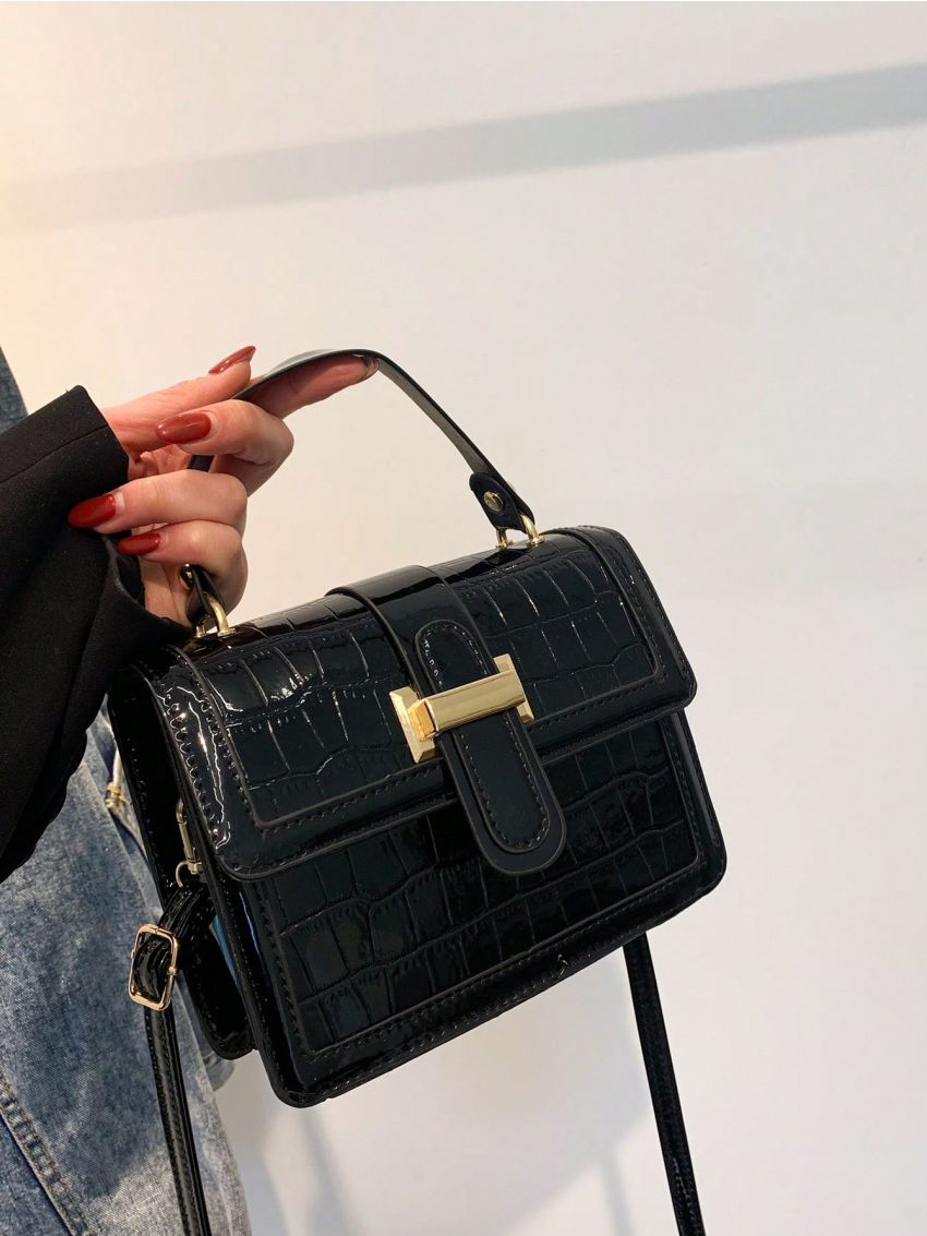Mini Crocodile Embossed Flap Square Bag Top Handle