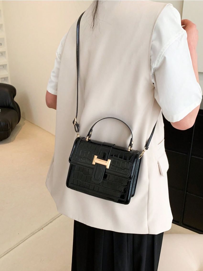 Mini Crocodile Embossed Flap Square Bag Top Handle