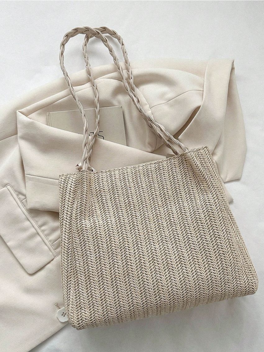 Twilly Scarf & Flower Decor Straw Bag Double Handle