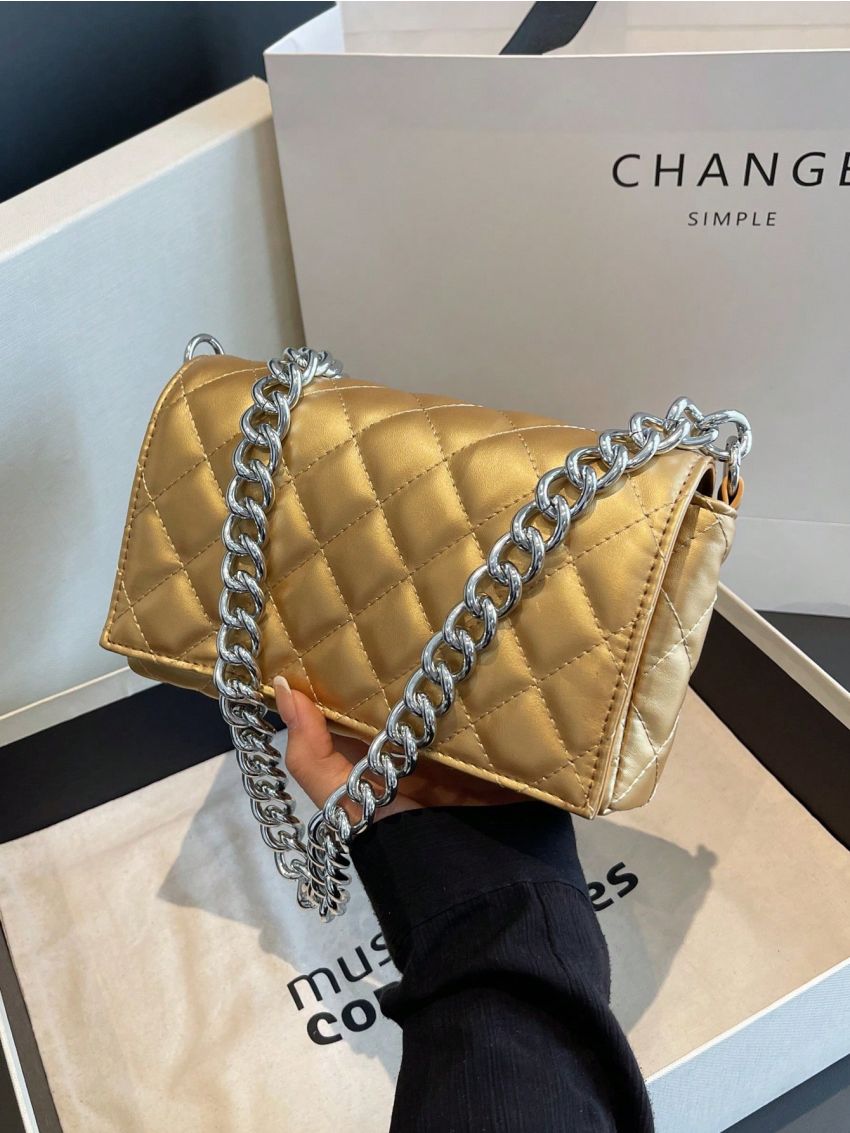 Mini Metallic Square Bag Quilted Flap Chain