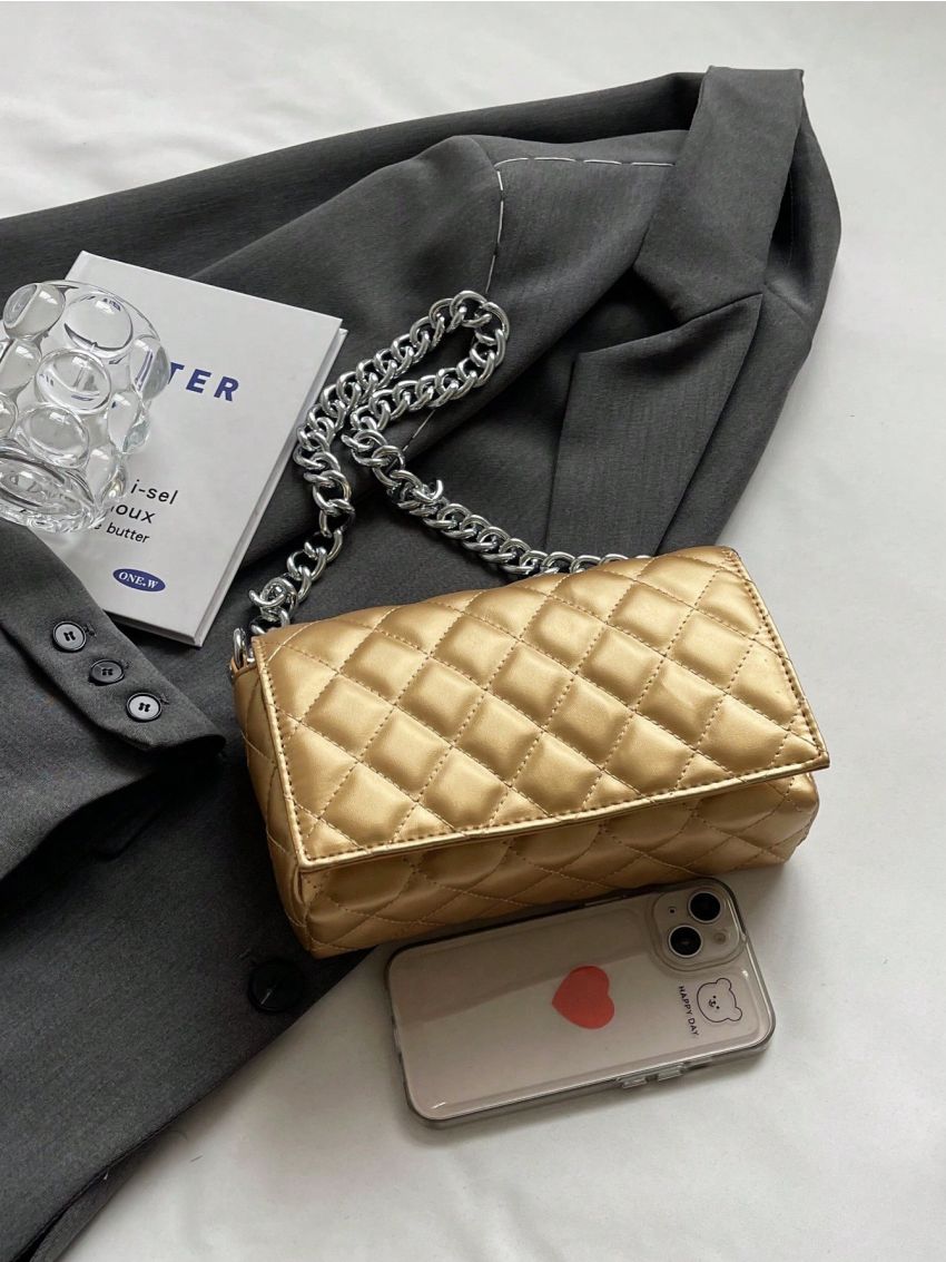 Mini Metallic Square Bag Quilted Flap Chain