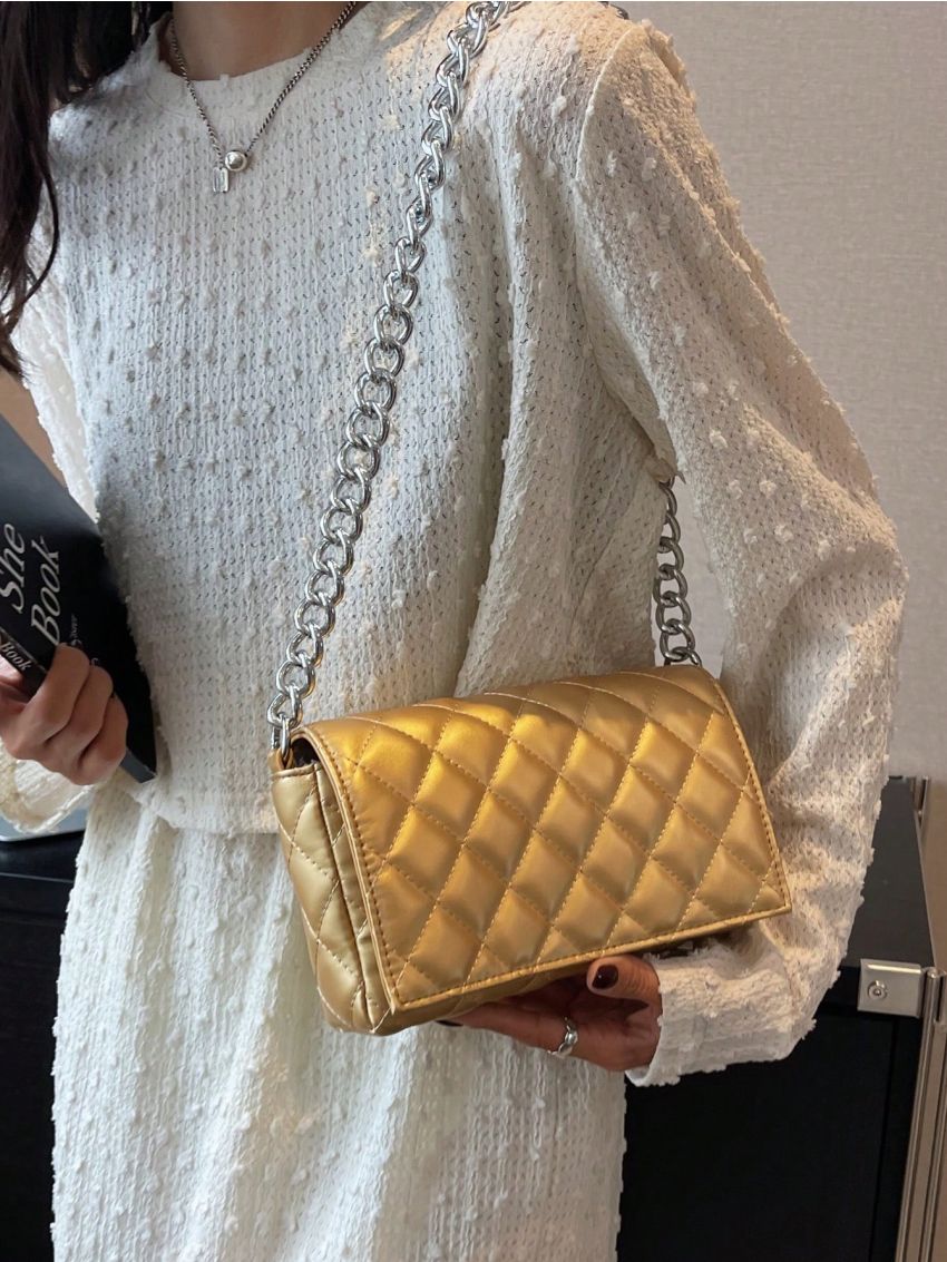 Mini Metallic Square Bag Quilted Flap Chain