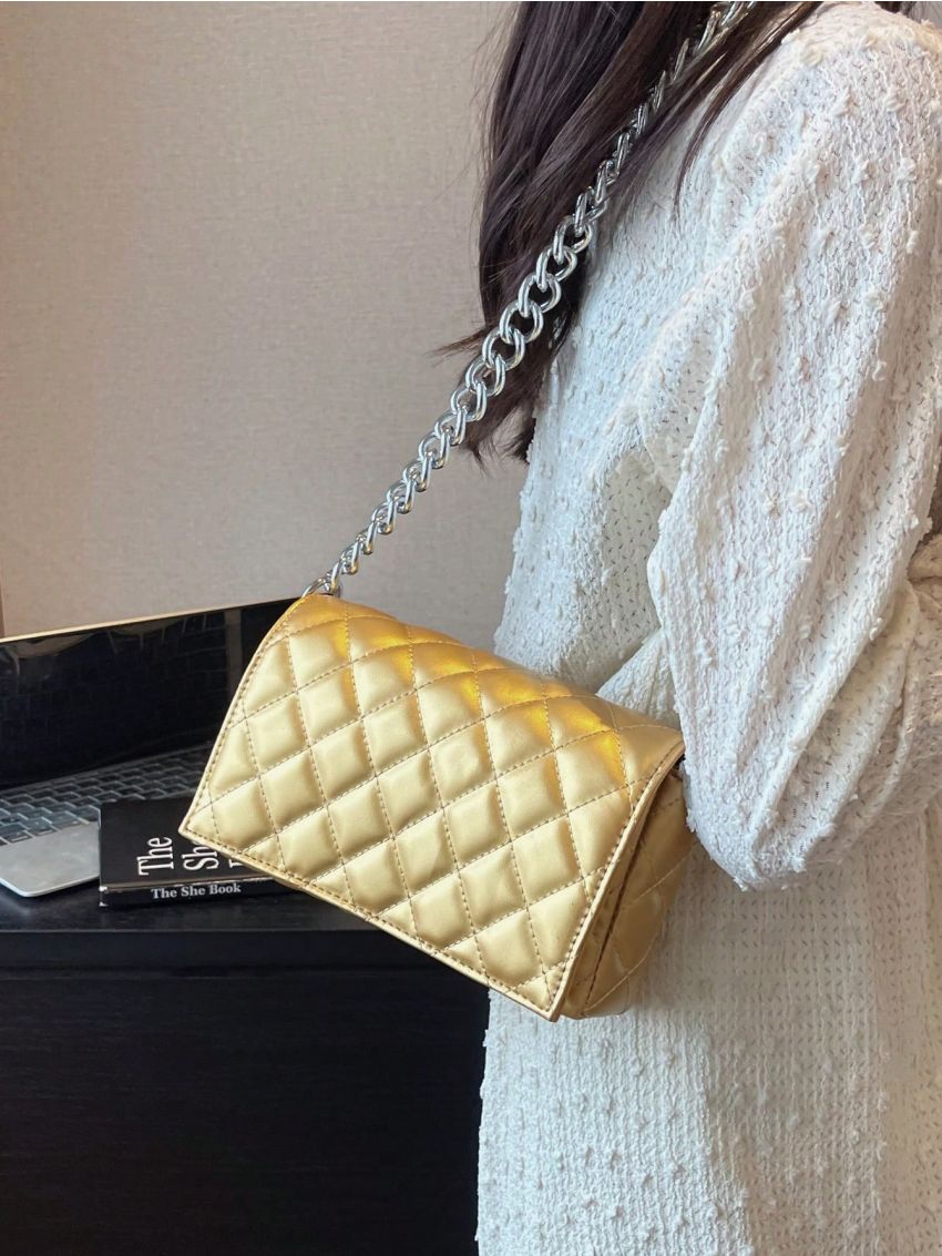 Mini Metallic Square Bag Quilted Flap Chain