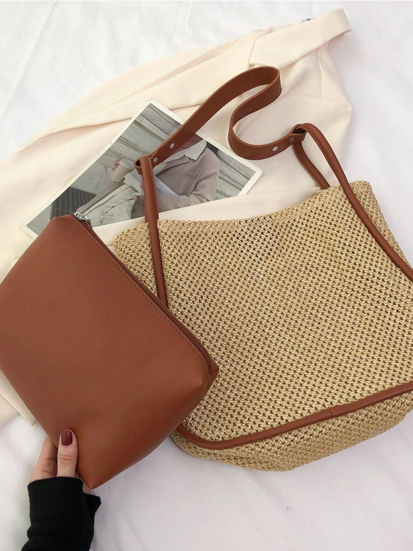 Minimalist Straw Bag Contrast Binding With Inner Pouch