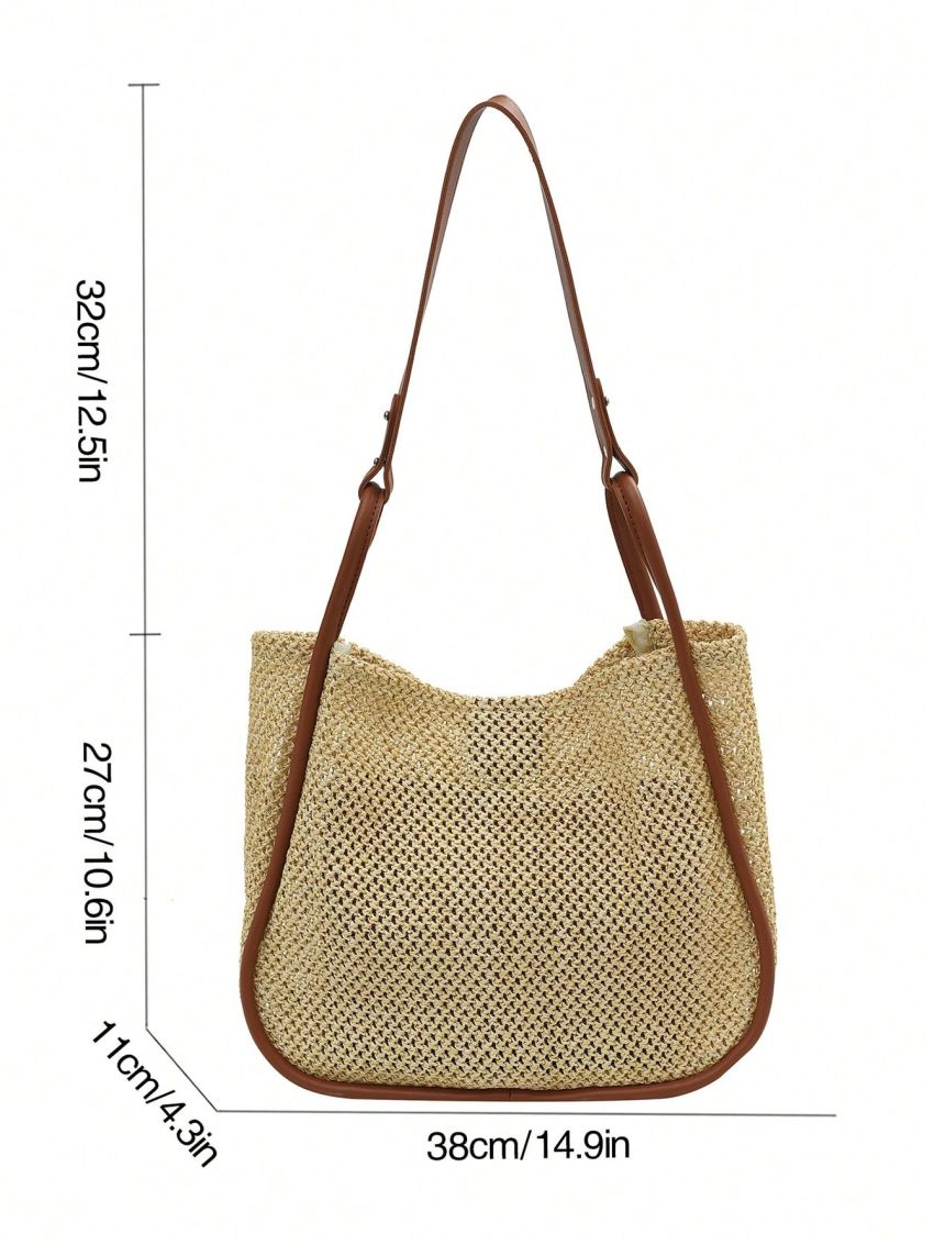 Minimalist Straw Bag Contrast Binding With Inner Pouch