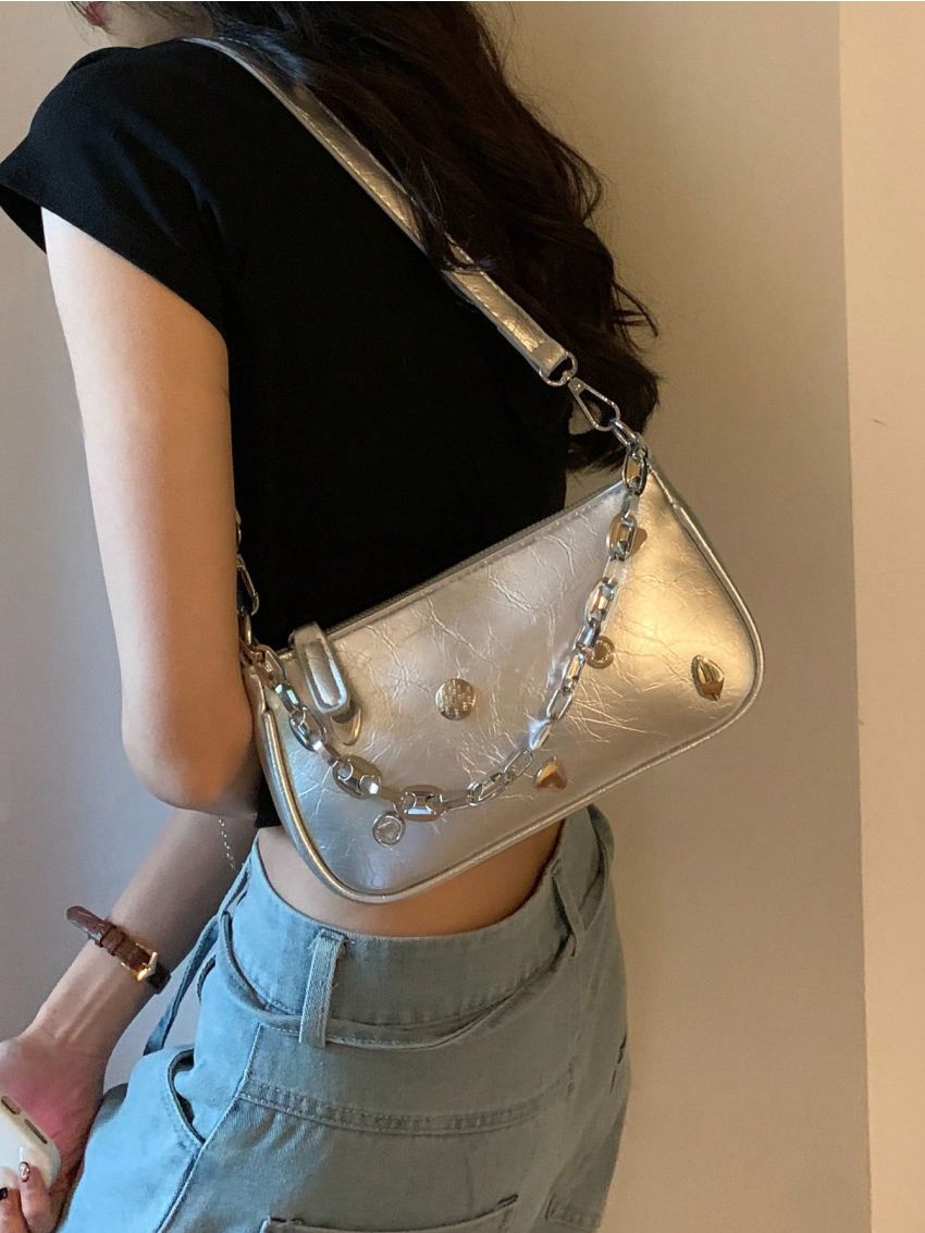 Mini Baguette Bag Metal Decor Metallic Funky