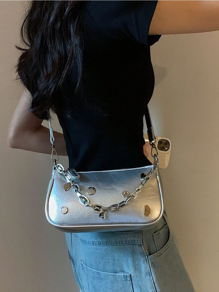 Mini Baguette Bag Metal Decor Metallic Funky
