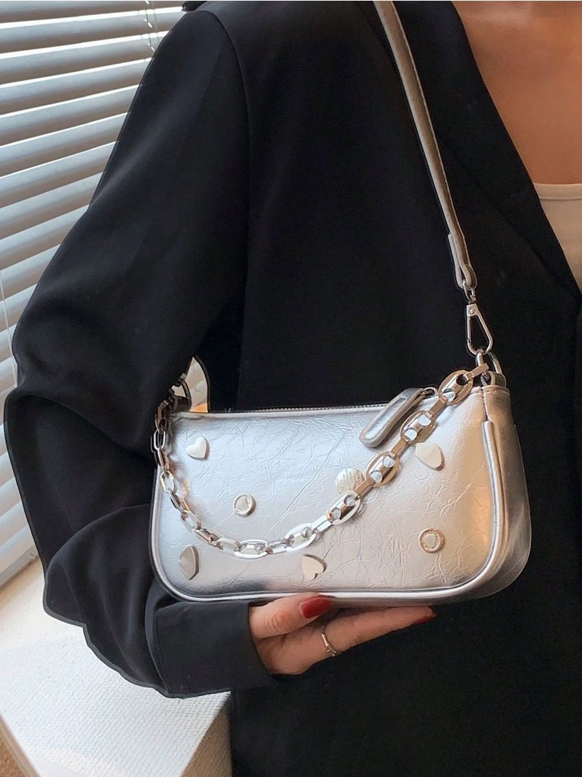 Mini Baguette Bag Metal Decor Metallic Funky