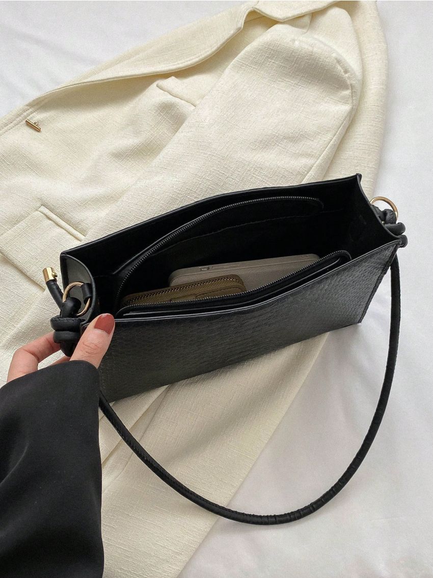 Snakeskin Embossed Square Bag Medium Black Elegant