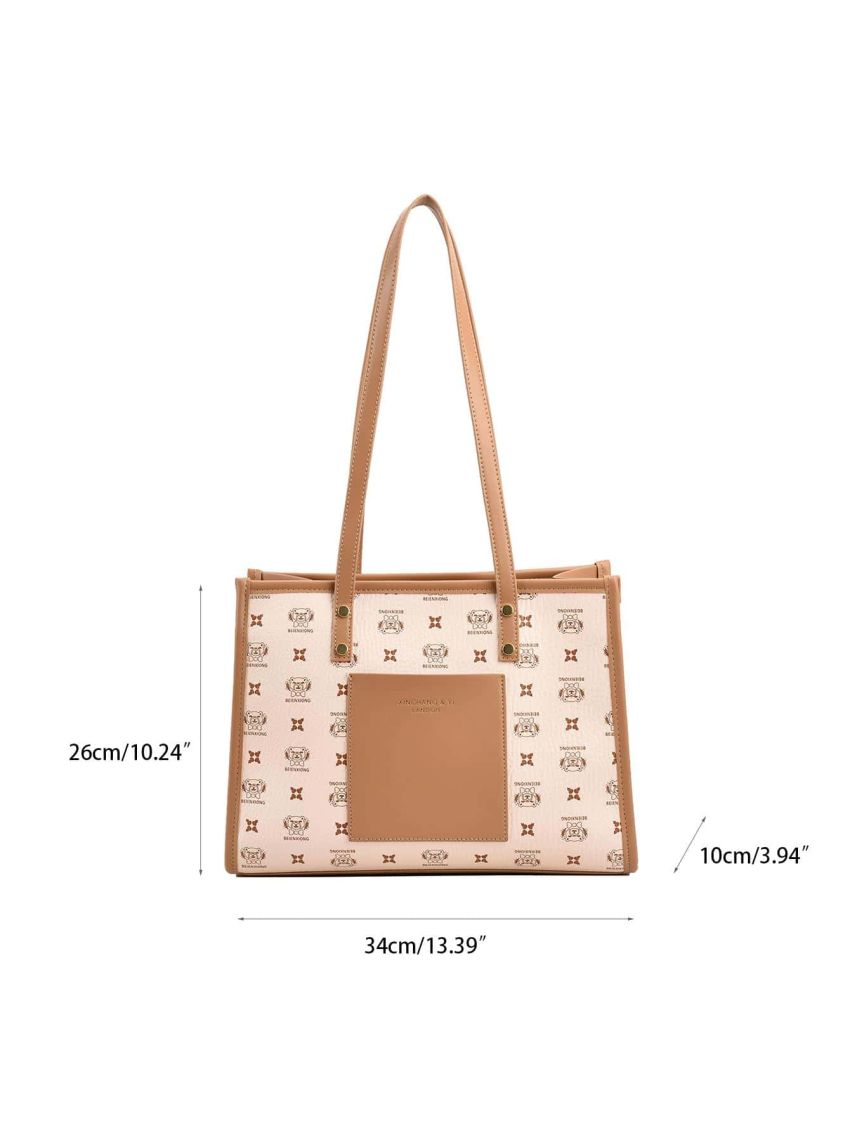Fashionable Shoulder Tote Bag Bear & Letter Graphic Double Handle