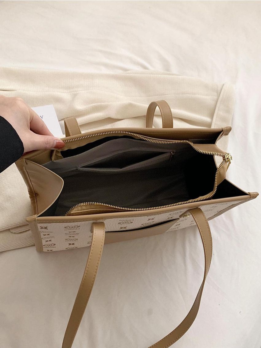 Fashionable Shoulder Tote Bag Bear & Letter Graphic Double Handle