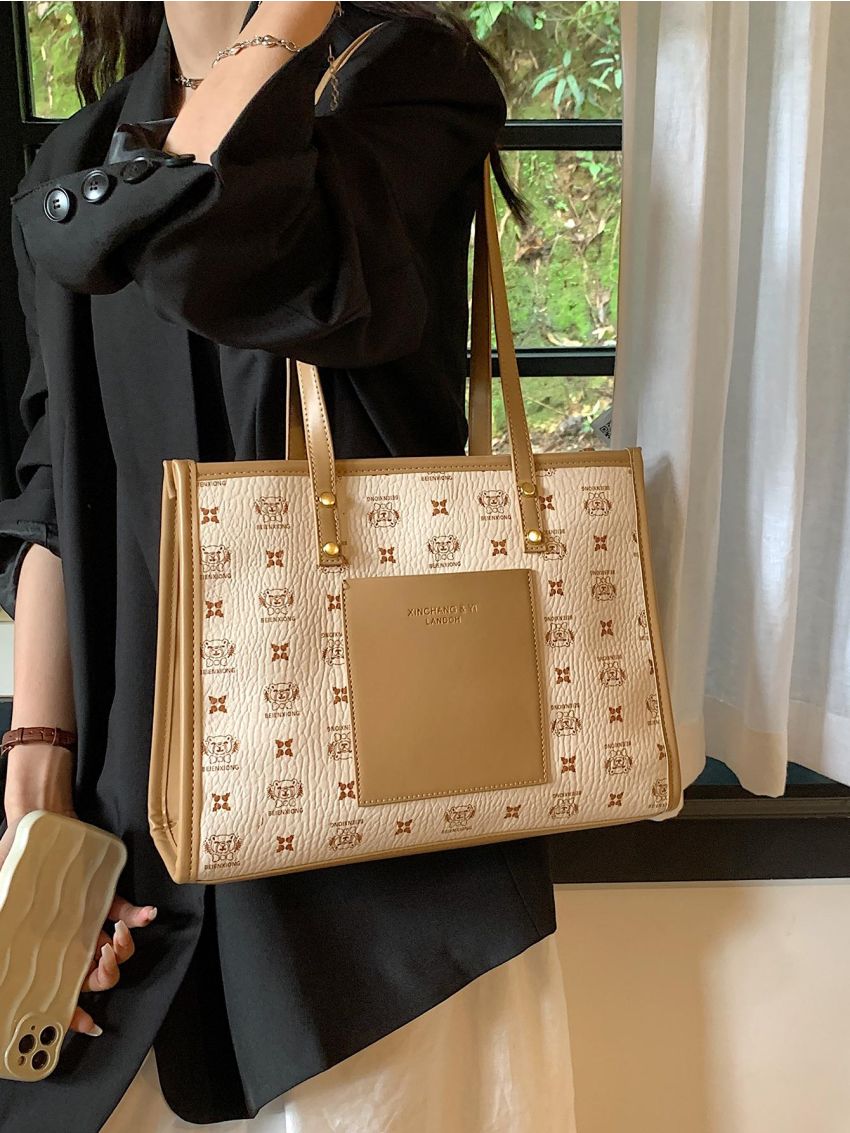 Fashionable Shoulder Tote Bag Bear & Letter Graphic Double Handle