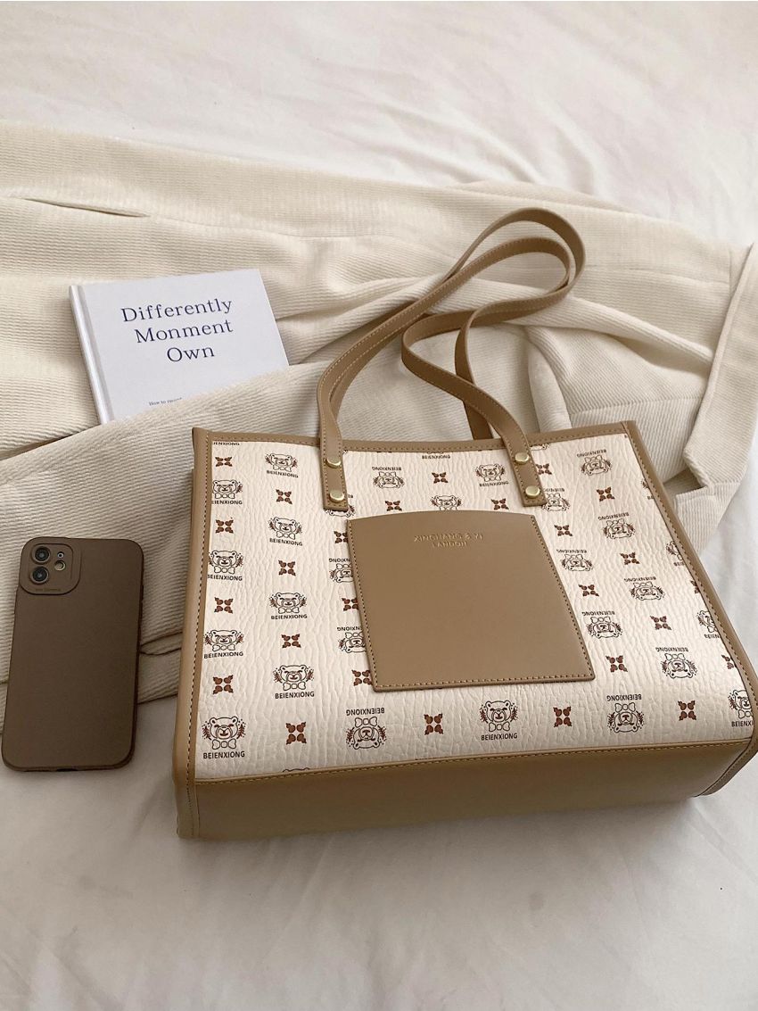 Fashionable Shoulder Tote Bag Bear & Letter Graphic Double Handle