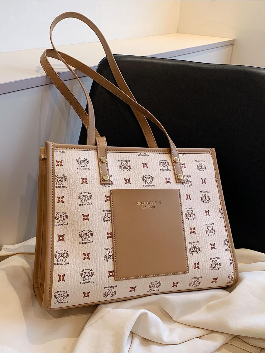 Fashionable Shoulder Tote Bag Bear & Letter Graphic Double Handle