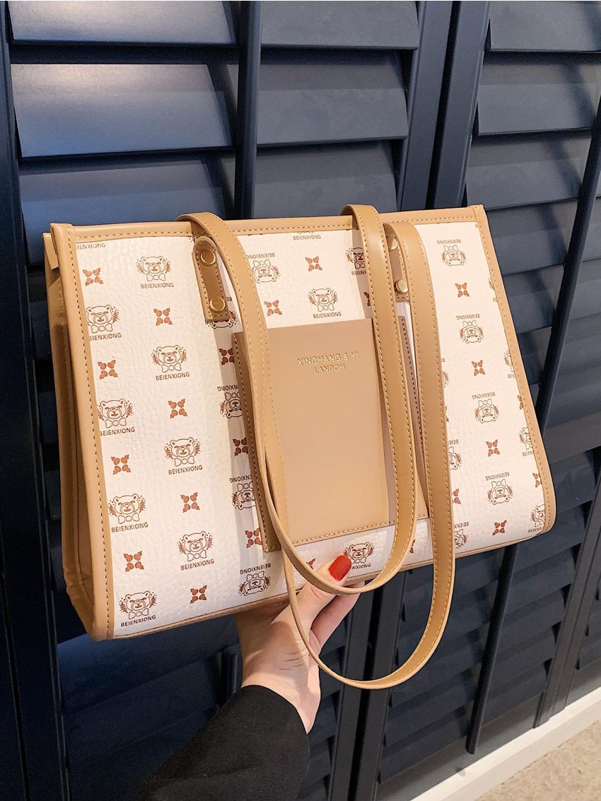 Fashionable Shoulder Tote Bag Bear & Letter Graphic Double Handle