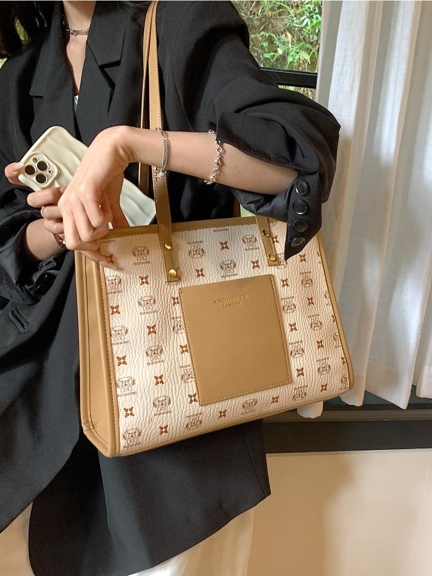 Fashionable Shoulder Tote Bag Bear & Letter Graphic Double Handle