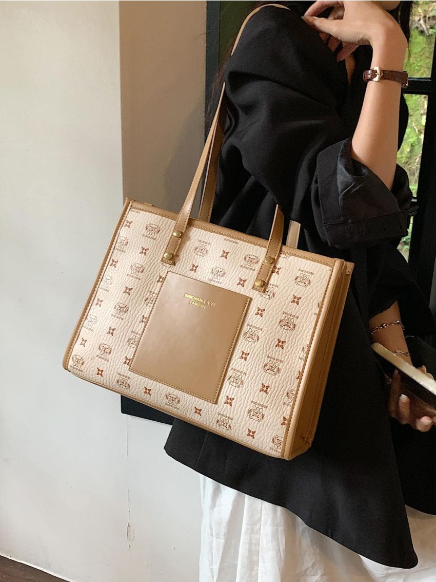 Fashionable Shoulder Tote Bag Bear & Letter Graphic Double Handle