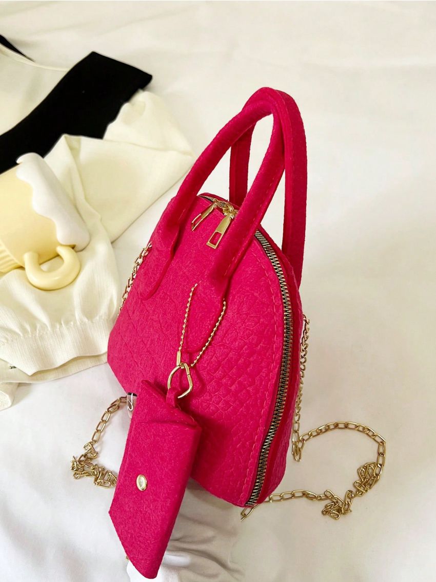 Neon Pink Crocodile Embossed Dome Bag With Coin Purse