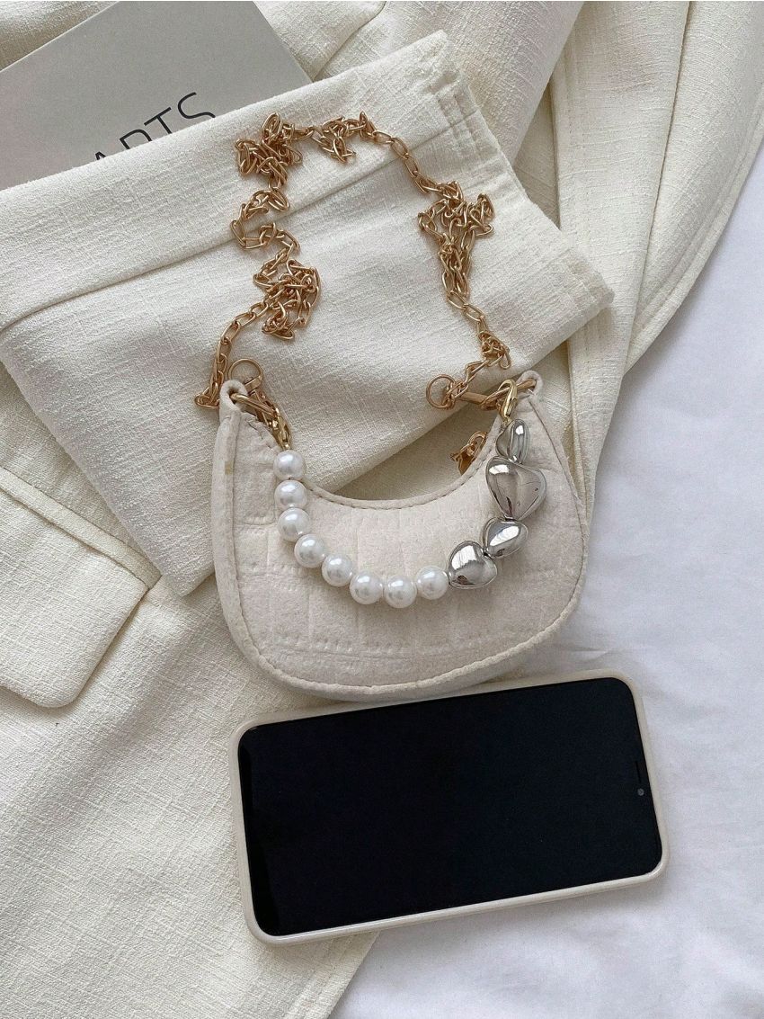 Mini Crocodile Embossed Hobo Bag Faux Pearl Decor