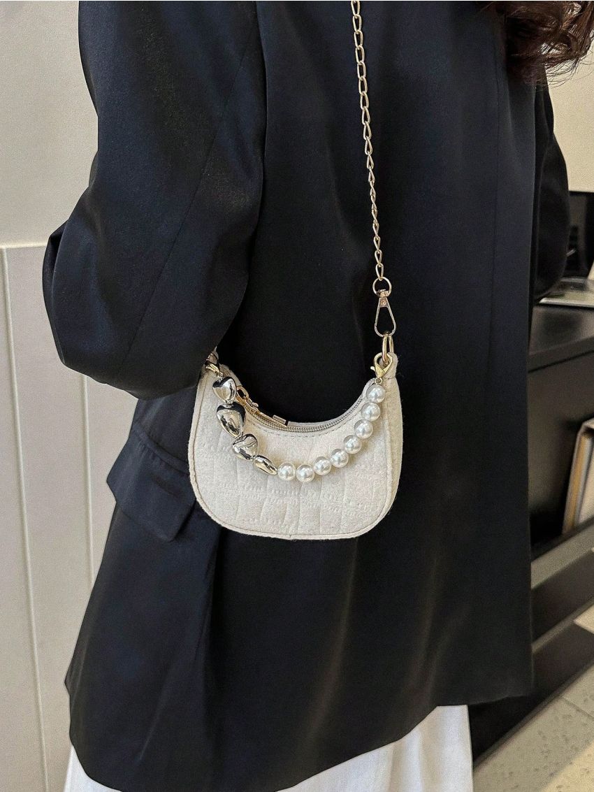 Mini Crocodile Embossed Hobo Bag Faux Pearl Decor