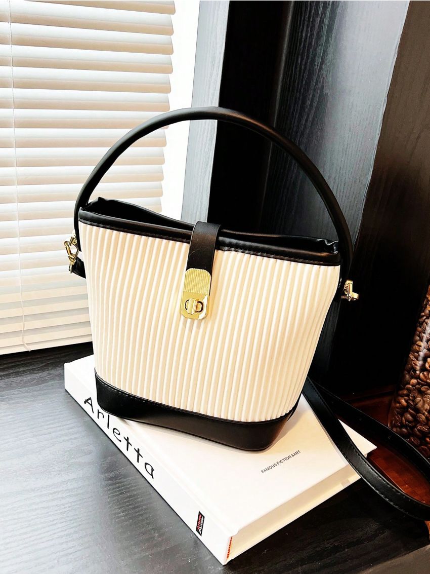 Two Tone Bucket Bag Twist Lock PU Fashionable