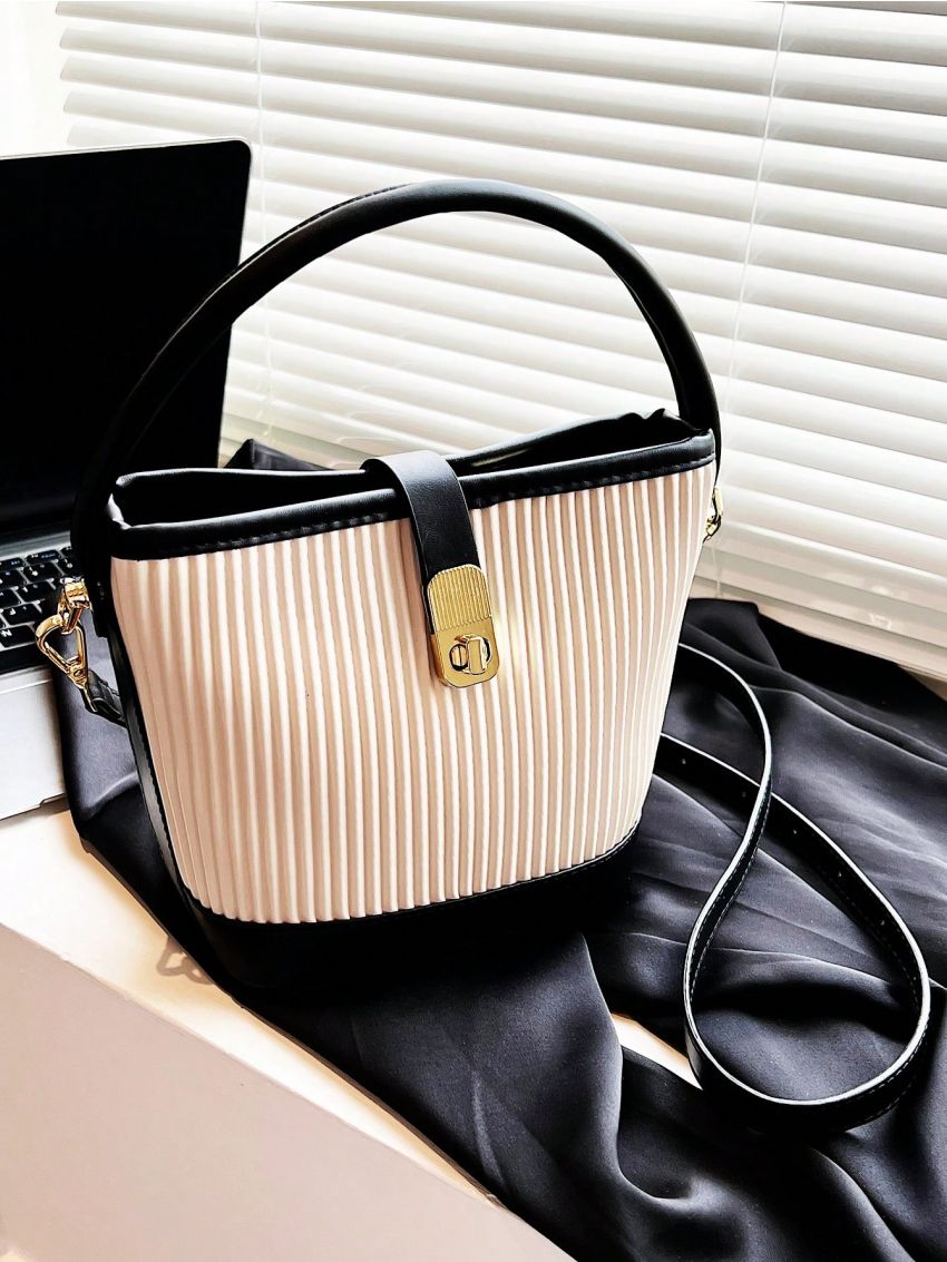 Two Tone Bucket Bag Twist Lock PU Fashionable