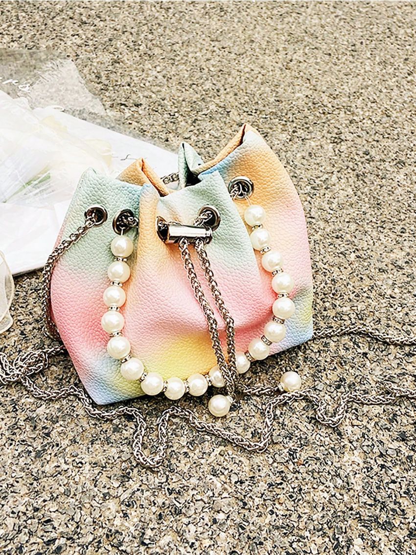 Mini Bucket Bag Fashion Tie Dye Faux Pearl Decor Drawstring Design Chain PU