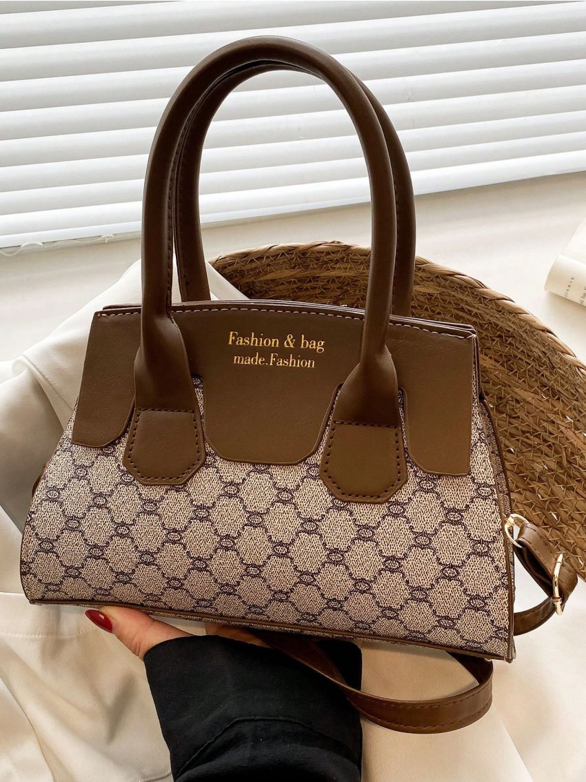 Small Satchel Bag Fashion Geometric Pattern Letter Detail PU