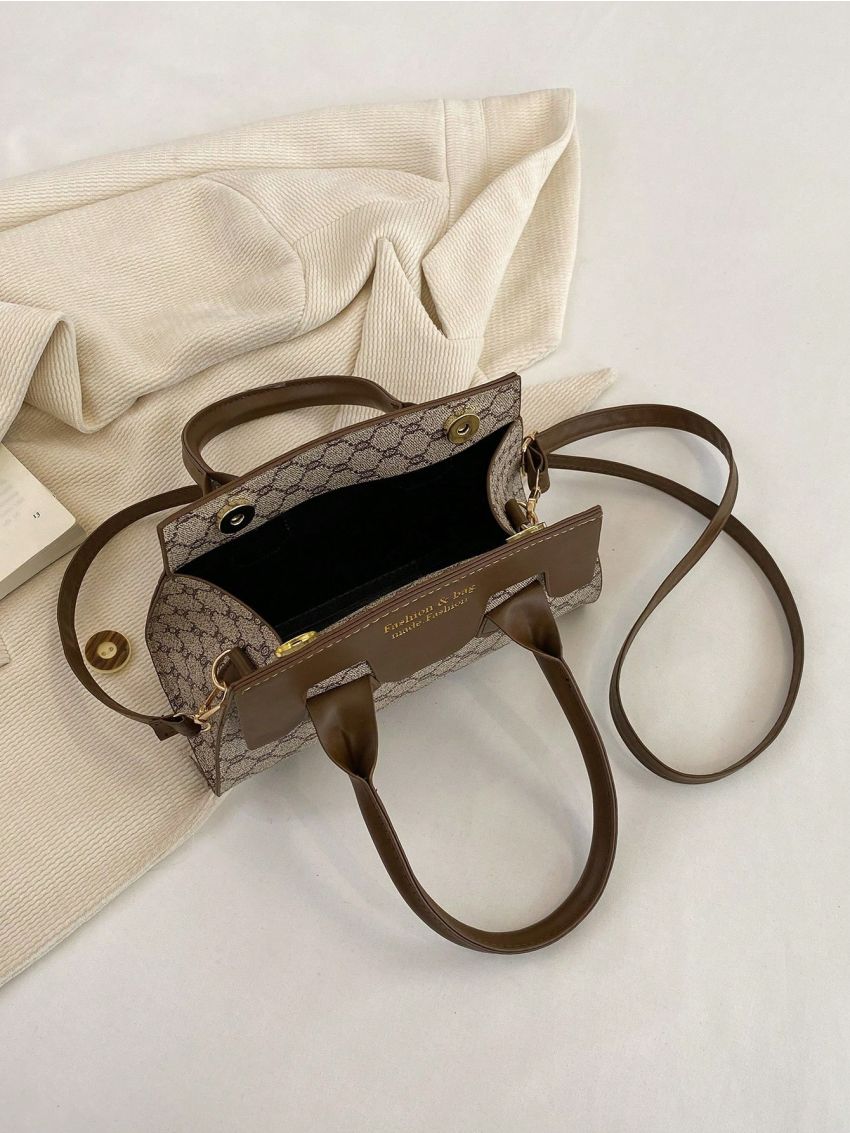 Small Satchel Bag Fashion Geometric Pattern Letter Detail PU