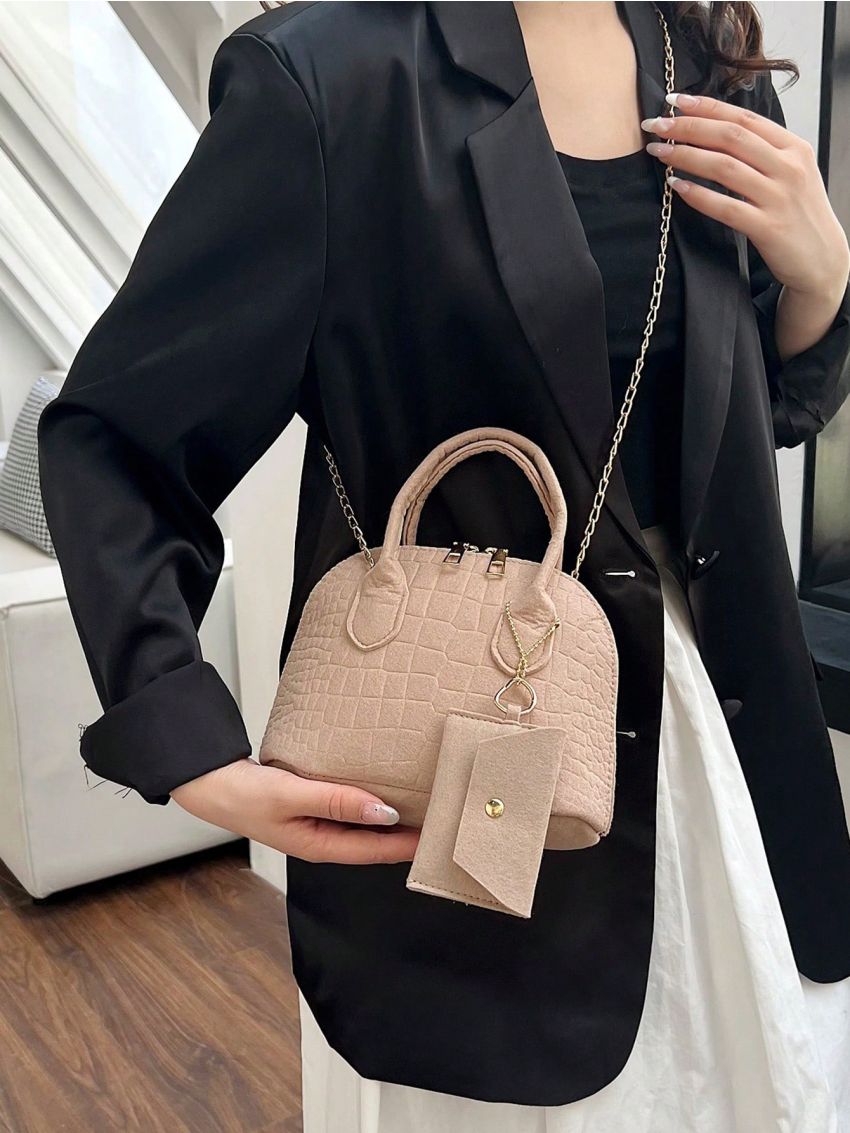 Crocodile Embossed Dome Bag Double Handle Zipper Chain Felt Elegant With Coin Purse