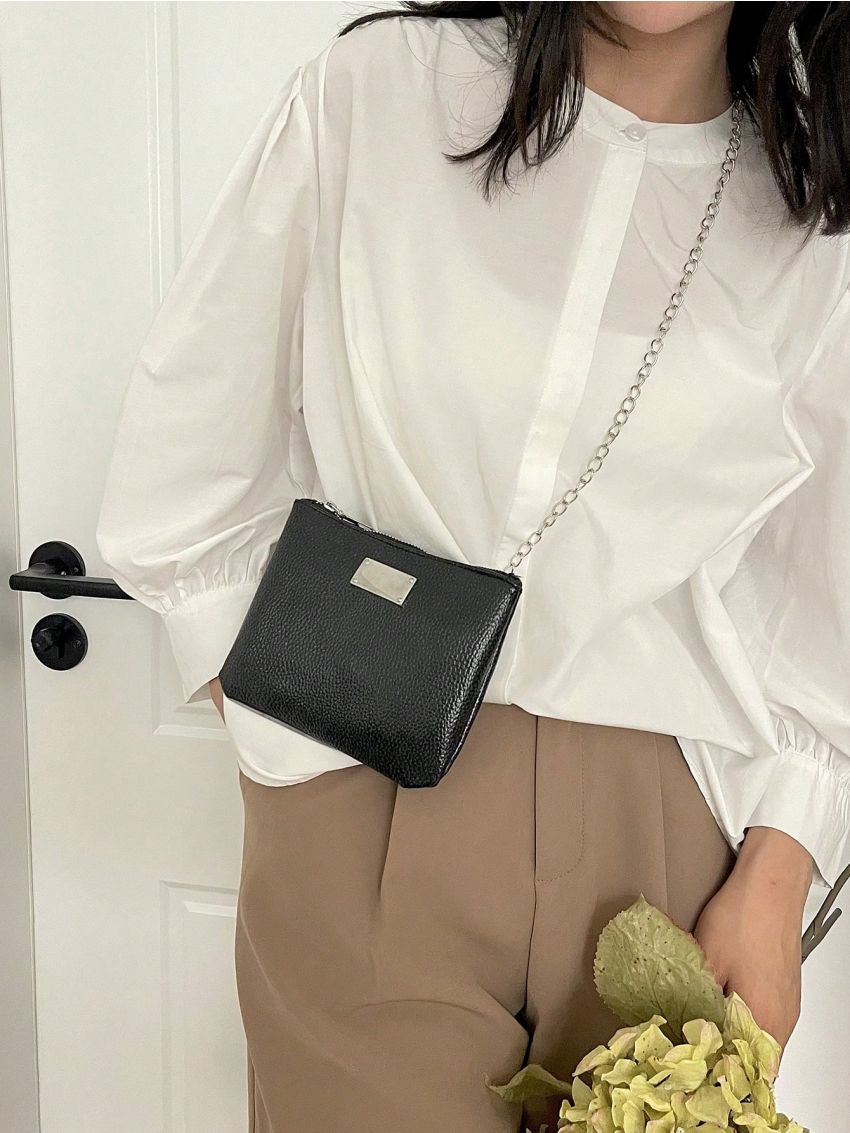 Mini Square Bag Litchi Embossed Metal Decor Zipper Chain PU Fashionable