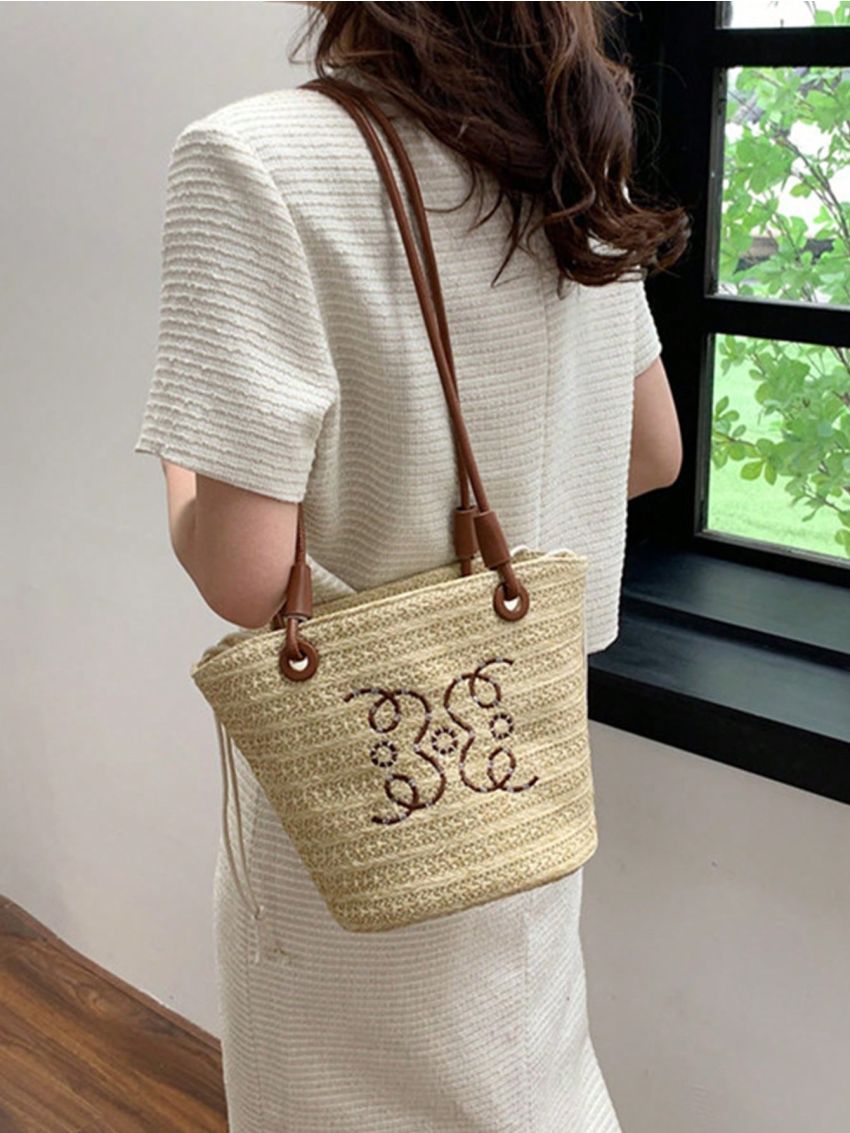 Mini Straw Bag Embroidered Detail Drawstring Double Handle Vacation